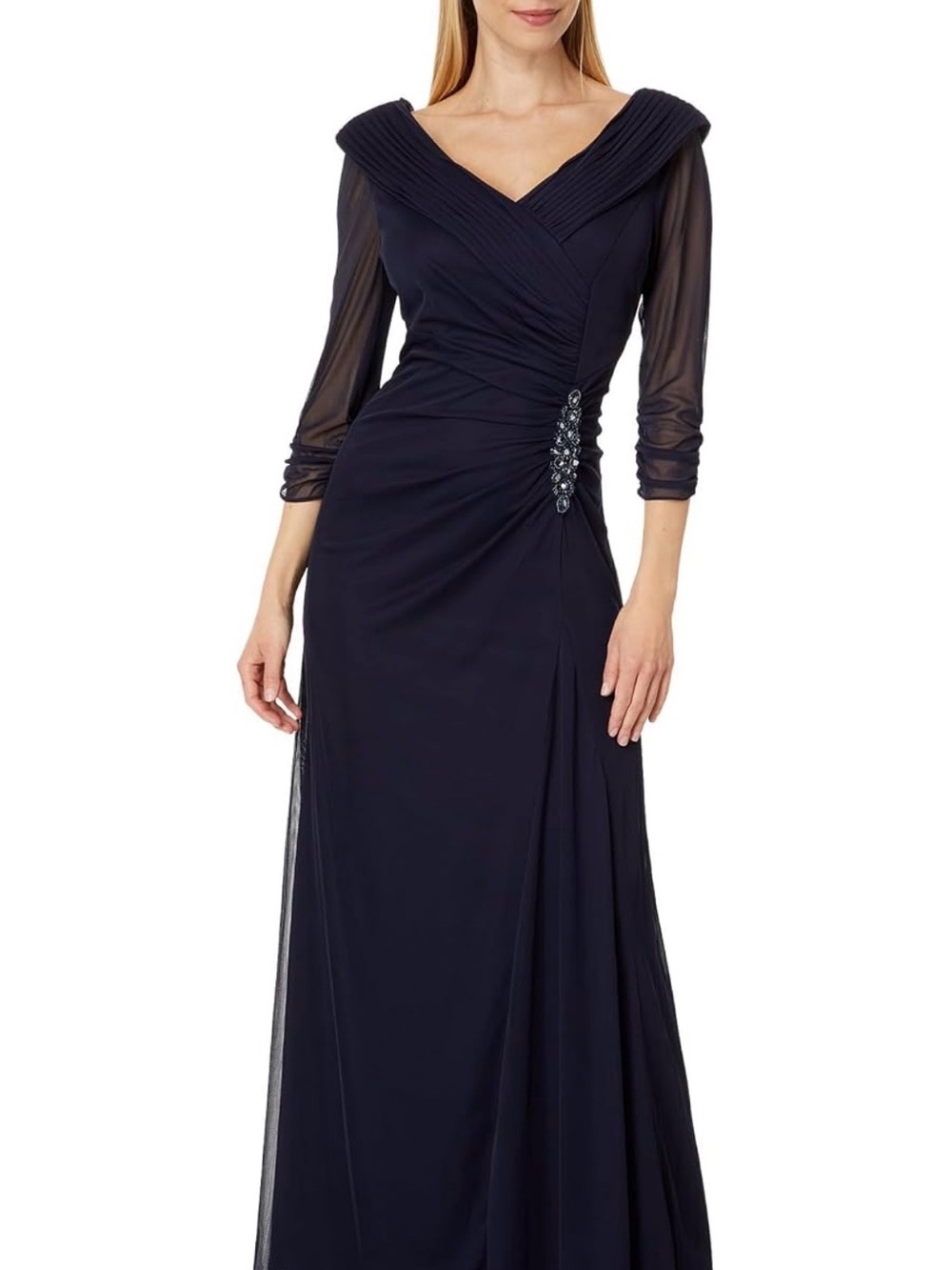 Beginning Boutique Navy V-Neck Long Sleeve Evening Gown